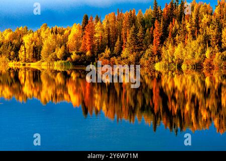 Reflection of autumn colors on 6 Mile Lake at Joint Base Elmendorf-Richardson in Alaska Stock Photo