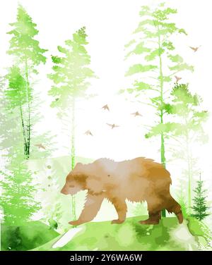 Bear in the forest in watercolor. hand drawing. Not AI, Vector illustration Stock Vector