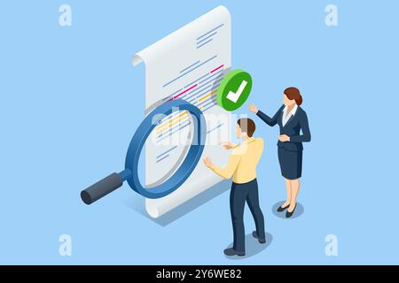 Isometric business analysis, analytics, research. Analytics and monitoring, where a business team tracks a web-based reporting dashboard and conducts Stock Vector