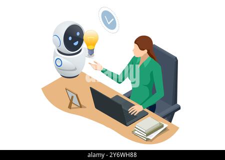 Isometric Generative bot for creating ideas, editing, searching for questions. Artificial intelligence. A person and a robot collaborating on laptops Stock Vector
