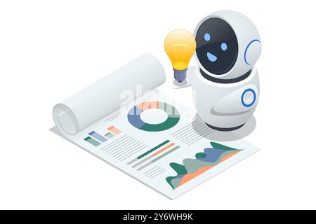 Isometric Generative bot for creating ideas, editing, searching for questions. Artificial intelligence. A person and a robot collaborating on laptops Stock Vector