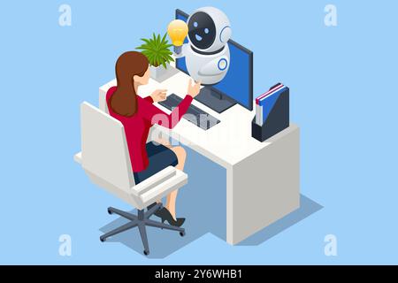 Isometric Generative bot for creating ideas, editing, searching for questions. Artificial intelligence. A person and a robot collaborating on laptops Stock Vector