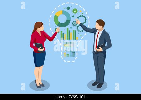 Isometric Generative bot for creating ideas, editing, searching for questions. Artificial intelligence. A person and a robot collaborating on laptops Stock Vector