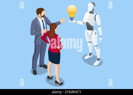 Isometric Generative bot for creating ideas, editing, searching for questions. Artificial intelligence. A person and a robot collaborating on laptops Stock Vector