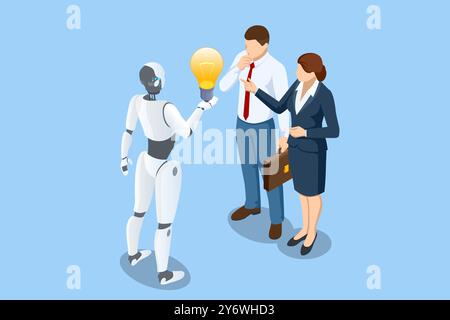 Isometric Generative bot for creating ideas, editing, searching for questions. Artificial intelligence. A person and a robot collaborating on laptops Stock Vector