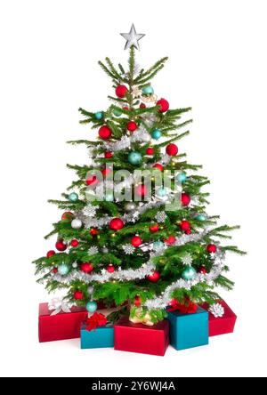 Delightful Christmas tree with red, teal and silver ornaments, gift boxes and a top star, studio isolated on pure white Stock Photo