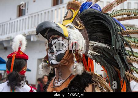 Cuetzalan, Puebla, México; noviembre 01 2021:People dressed in costumes to celebrate the day of the dead. Stock Photo