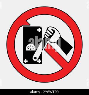This graphic features a red prohibition sign with a hand holding a wrench over a credit card, symbolizing a ban on credit card use. Ideal for safety n Stock Vector
