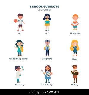 Flat Cartoon School Kids Subject Stickers - Science, Literature, Geography. Vector Illustration for Education and Learning. Colorful Minimalist School Stock Vector