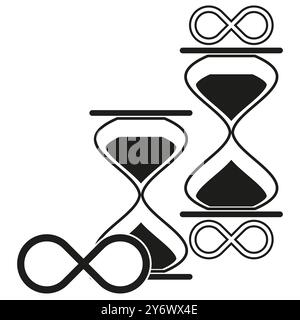 Hourglass and infinity symbols. Black sand timer. Time passing concept. Vector illustration. Stock Vector
