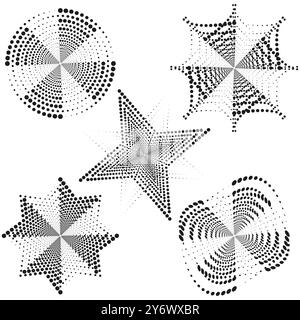 Abstract dotted shapes. Geometric halftone stars. Dynamic radial patterns. Circular and starburst forms. Stock Vector