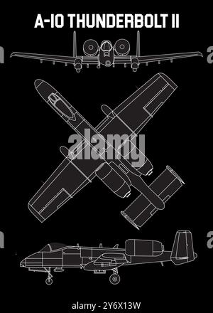 detailed line drawing of the A-10 Thunderbolt II aircraft, a twin-engine jet attack aircraft. Stock Vector