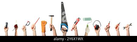 Hands of people with different tools isolated on white Stock Photo