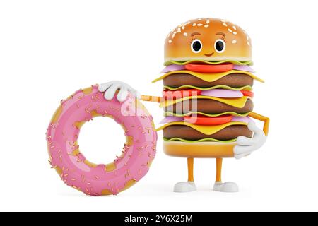 Cartoon Premium Delicious Burger Icon Person Character Mascot with Big Strawberry Pink Glazed Donut on a white background. 3d Rendering Stock Photo
