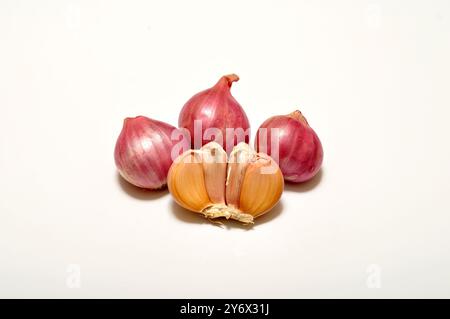 Shallots and garlic on a white background Stock Photo