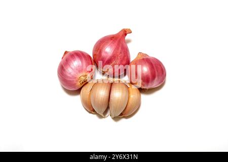 Shallots and garlic on a white background Stock Photo