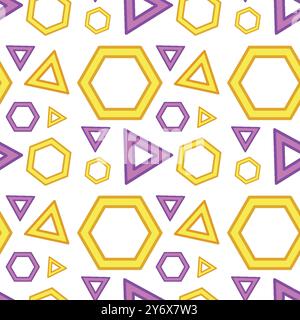 Yellow hexagons and purple triangles on white background Stock Vector