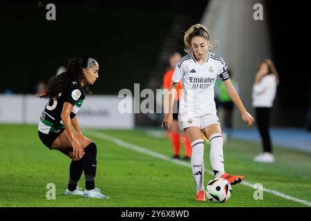 Madrid, Spain. 26th Sep, 2024. Olga Carmona (R) of Real Madrid women in action during the UEFA Women's Champions League 24/25 match, Round 2, second leg between Real Madrid and Sporting Portugal at Alfredo Di Stefano stadium. Final score Real Madrid 3:1 Sporting Portugal Credit: SOPA Images Limited/Alamy Live News Stock Photo