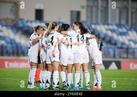 Madrid, Spain. 26th Sep, 2024. Real Madrid women players celebrate a goal during the UEFA Women's Champions League 24/25 match, Round 2, second leg between Real Madrid and Sporting Portugal at Alfredo Di Stefano stadium. Final score Real Madrid 3:1 Sporting Portugal Credit: SOPA Images Limited/Alamy Live News Stock Photo