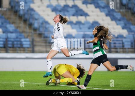 Madrid, Spain. 26th Sep, 2024. Eva Navarro of Real Madrid women reacts during the UEFA Women's Champions League 24/25 match, Round 2, second leg between Real Madrid and Sporting Portugal at Alfredo Di Stefano stadium. Final score Real Madrid 3:1 Sporting Portugal Credit: SOPA Images Limited/Alamy Live News Stock Photo