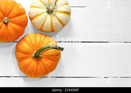 Top down image of pumpkins on white wood background Stock Photo