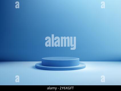 3D circular blue podium stands against a blank blue wall background, illuminated by soft diffused light. Ideal for product display, mockup, or showroo Stock Vector