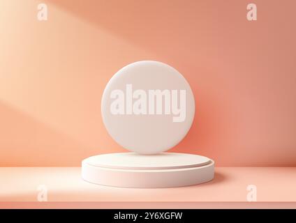 A minimalist white podium design featuring a circular backdrop with a soft peach backdrop. Sunlight adds a warm glow to the scene, showcasing products Stock Vector
