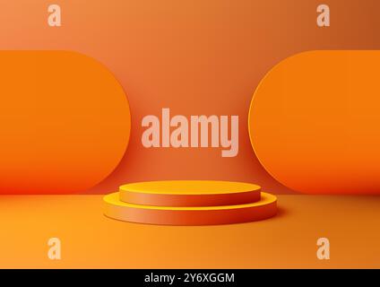 A vibrant 3D scene with an orange podium and large circular elements set against a warm orange background. Ideal for product displays, mockups, and cr Stock Vector