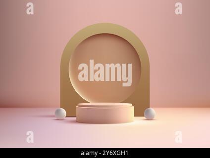 Modern 3D scene showcases a pink podium with golden accents and white spheres, perfect for elegant product presentations, branding mockups, or visual Stock Vector