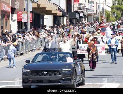 San Francisco, CA - April 21, 2024: Joaquin Torres and Jose Cisneros participating  in the 57th annual Cherry Blossom Festival. Stock Photo