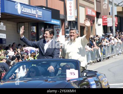 San Francisco, CA - April 21, 2024: Joaquin Torres and Jose Cisneros participating  in the 57th annual Cherry Blossom Festival. Stock Photo