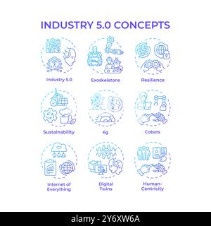Industry 5 related blue gradient concept icons Stock Vector