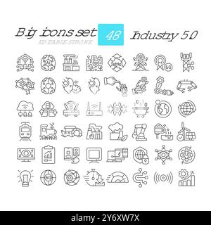 Industry 5.0 linear icons set Stock Vector