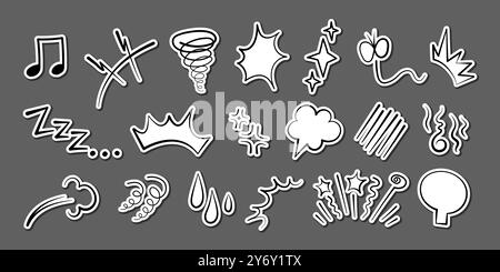 Manga or anime comic emoticon element graphic effects hand drawn doodle vector illustration set isolated on gray background. Stock Vector
