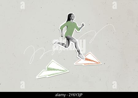 Trend sketch image composite photo collage of silhouette young lady woman walk step paper plane fly levitate run runner sport right way Stock Photo