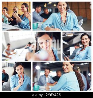 Collage, office and portrait of woman with business people in meeting, discussion and brainstorming. Creative company, professional and montage of Stock Photo