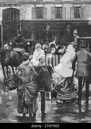"A la madrugada" (In the early morning). Engraving by Bernardo Rico (1825-1894) after a painting by Román Ribera (1849-1935). Scene depicting several couples of ladies and gentlemen, on a winter's day, leaving the café-restaurant Helder, after dinner following the masked ball at the Paris Opera. La Ilustración Española y Americana (The Spanish and American Illustration), January 15, 1884. Stock Photo