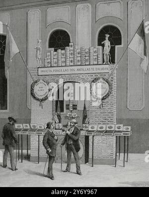 Ponce, Puerto Rico. Agricultural and Industrial Tobacco Exhibition (December 1883). Arch formed with boxes of cigars, of the first brands, in the main hall of the Exhibition. Engraving by Tomás Carlos Capuz (1834-1899). La Ilustración Española y Americana (The Spanish and American Illustration), January 22, 1884. Stock Photo