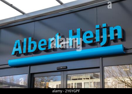 Albert Heijn supermarket logo on a construction, the largest supermarket chain in the Netherlands. Utrecht in the Netherlands. 14 February 2023. Stock Photo