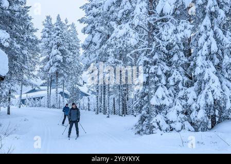 Nordic skiing and snowmobile trails at Levi ski resort in Finnish Lapland, among the snowy forest in winter (Lapland, Finland) Stock Photo