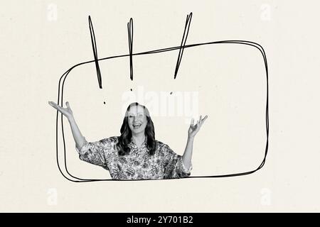 Trend artwork sketch image collage of surreal world fantasy picture line cartoon funny aged lady appear draw window alert attention symbol Stock Photo