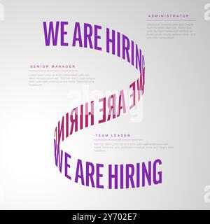 Modern we are hiring poster with purple letters on light background with three free positions descriptions. Multipurpose Join our team banner flyer te Stock Vector