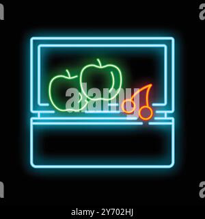 Neon sign representing a fridge full of apples and cherries on a black background Stock Vector