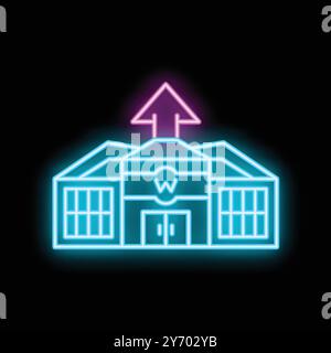 Neon glowing icon of warehouse with up arrow on black background, suitable for web, print, stickers, apps and posters Stock Vector