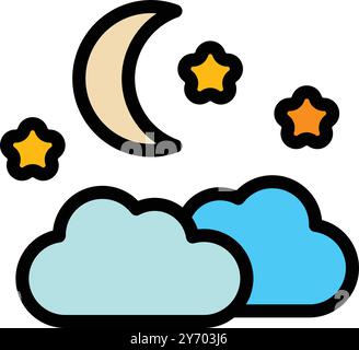 Simple vector illustration of a crescent moon shining over blue and green clouds with stars on white background Stock Vector