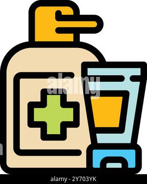 Medical products showing healthcare and treatment providing with a tube of ointment and a bottle with dispenser and green cross symbol Stock Vector