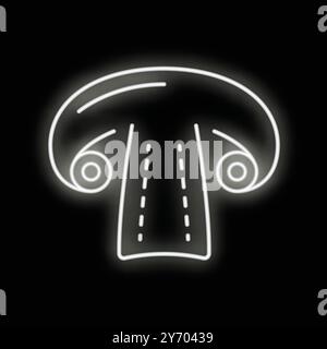 White neon sign glowing brightly against a black background, shaped like a mushroom Stock Vector