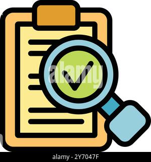 Magnifying glass is hovering over a clipboard with a check mark, symbolizing quality control, validation, and approval Stock Vector