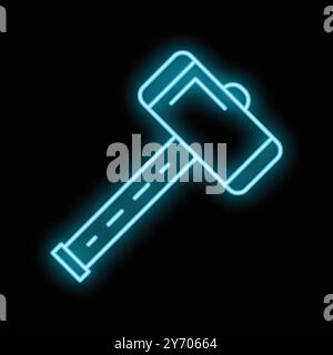 Neon blue sledgehammer icon glowing on black background, representing construction and diy Stock Vector