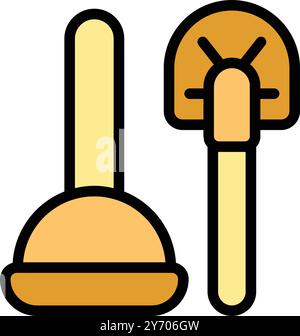 Simple colored icon of a plunger and a toilet brush, the essential tools for unclogging a toilet Stock Vector